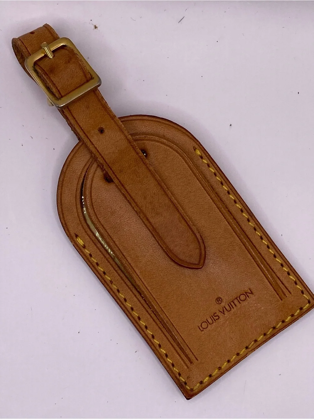 Louis Vuitton Brown Leather Luggage Tag with Yellow Stitching